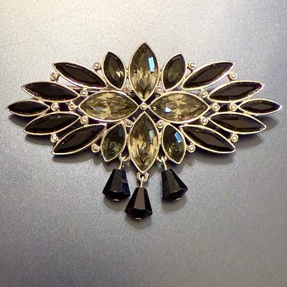 Vintage Black Taupe Crystal Swarovski Brooch Rhodium Plated - Picture 3 of 7